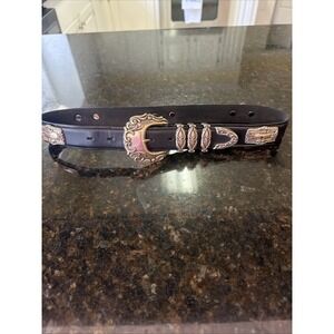 Vintage Nadim Women's Black Silver Western Belt Leather Big Buckle Cowgirl Rodeo